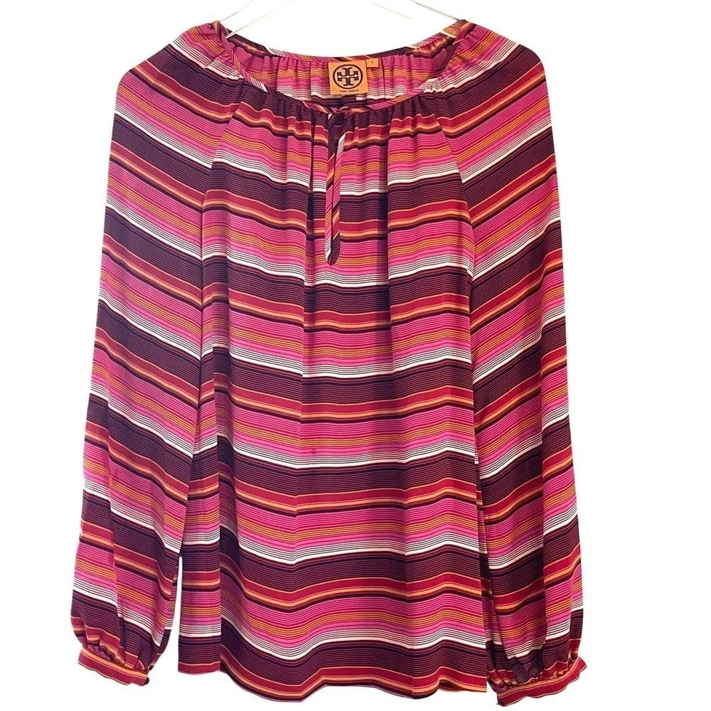 Tory Burch Striped Silk Blouse Women Size 0 Pink‎ Orange Excellent Peasant Top